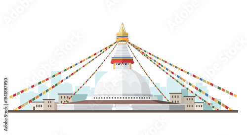 Colorful boudhanath stupa with prayer flags and cityscape background