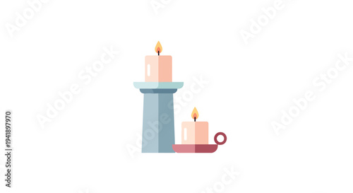 Elegant flat candles on holders with warm flame in minimalist design