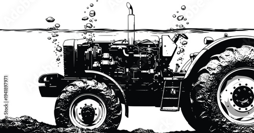 Black and white illustration of a tractor with bubbles rising from the engine isolated on white background