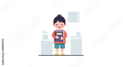 Cute cartoon kid holding book in minimalist room