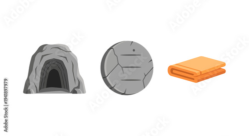 Cave entrance stone wheel and cloth icons in flat style