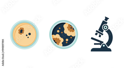 Microscope and petri dish science icons with bacteria samples