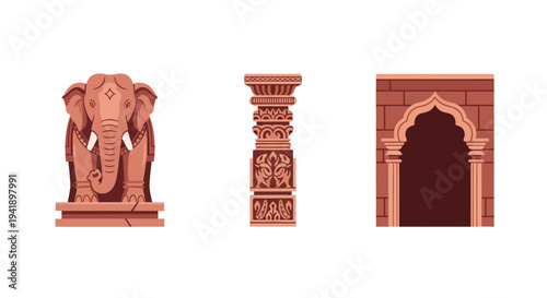 Indian architectural elements: elephant sculpture, ornate pillar, and archway design