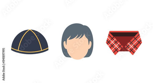 Cute minimal beanie, bob cut, and plaid bandana icons