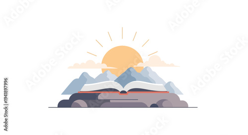 Flat design book with mountains and sun in minimalist nature scenery