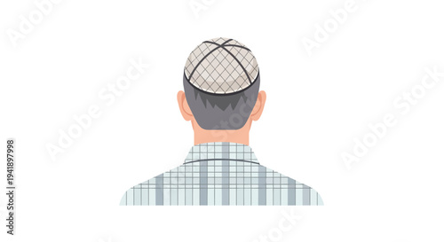 Back view of man in plaid shirt wearing a traditional cap