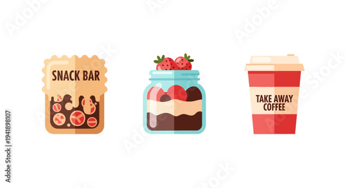 Flat design snack elements with snack bar, dessert jar and coffee cup