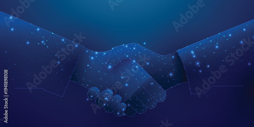 Abstract digital partnership concept. Handshake consists of polygons, lines, and connected dots. Blue colors. The best deal icon on technology background. Business vector illustration