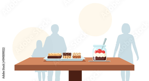 Modern flat design of dessert table with family silhouettes in background