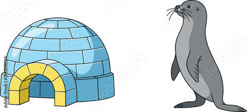 Arctic Themed Vector Illustration Featuring a Blue Ice Igloo with Yellow Entrance Archway and a Cute Grey Seal Standing Upright