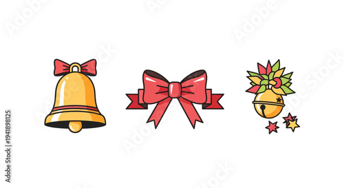 Festive christmas bells and bows with colorful decorations in flat design