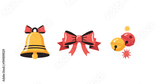 Festive holiday bells and bows in flat design style for seasonal celebrations
