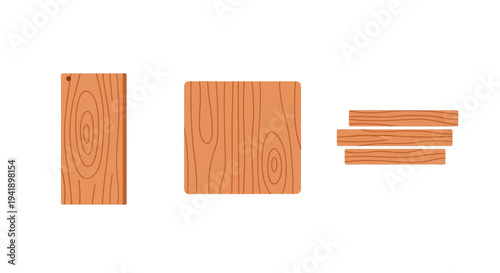 Wooden cutting boards and planks with natural grain texture on white background