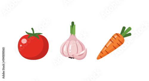 Fresh vegetable trio: tomato, garlic, and carrot in flat style