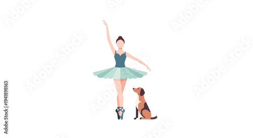 Graceful ballerina in tutu with loyal dog in minimalist flat style