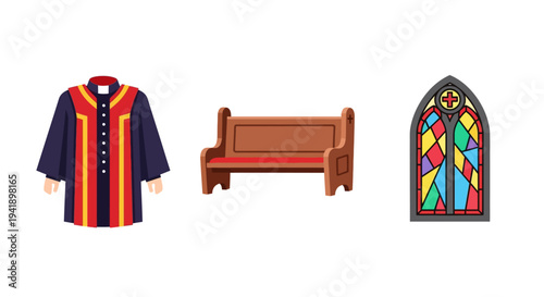 Colorful church elements: choir robe, wooden pew, stained glass window art