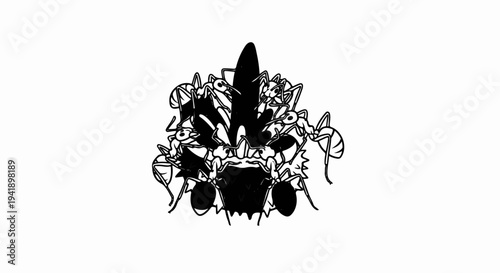 A cluster of ants swarm an abstract, spiky, dark form