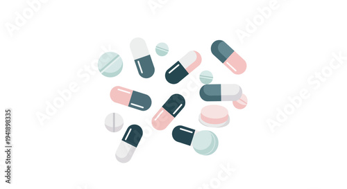 Colorful capsules and pills pattern on white background
