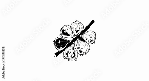 A cluster of six bulbous, dark fruits hang from a thick stalk