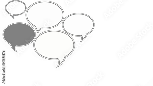 A cluster of various sized, outlined speech bubbles, one filled grey