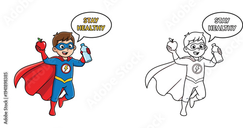 Superhero Kid Promoting Health: "Stay Healthy" with Apple and Water Bottle