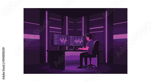 A pixelated person in a purple shirt sits at a desk with two monitors displaying waveforms in a dark room with purple neon lights.