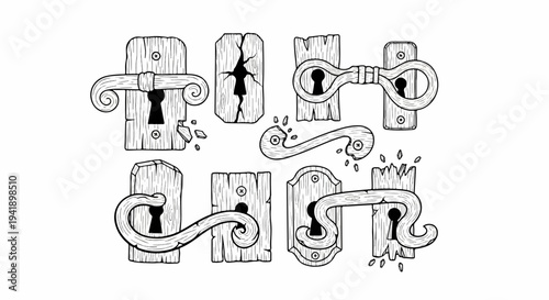 A collection of antique, distressed, and ornate door handles and escutcheons