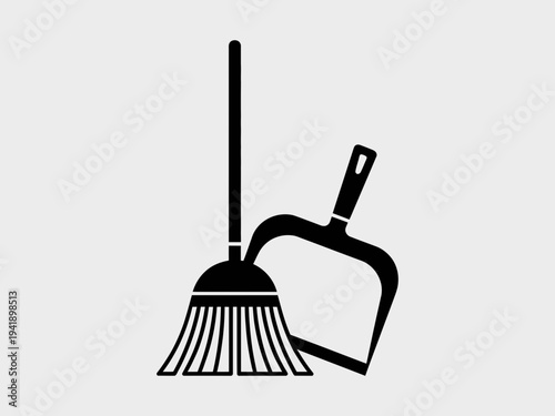 Black Silhouette of a Broom and Dustpan on a Light Gray Background