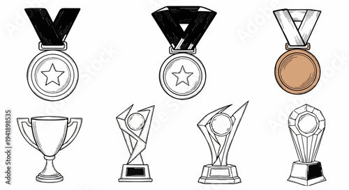 A collection of award medals and trophies depicted in a sketch style