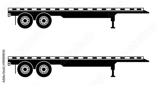 Black and White Silhouette of Two Flatbed Trailers with Wheels and Landing Gear