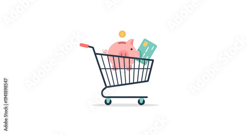 Shopping cart with piggy bank and credit card symbolizing savings and finance