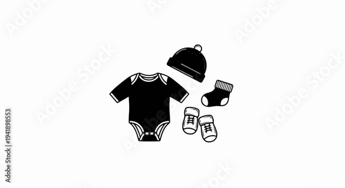 A collection of baby clothing items, including a onesie, hat, socks, and booties