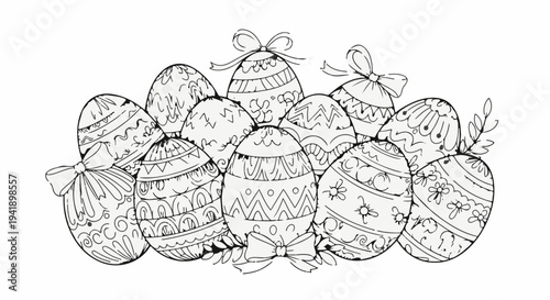 A collection of artistically decorated Easter eggs tied with ribbons