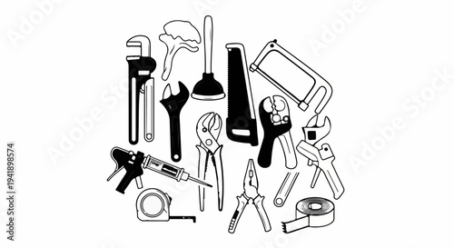 A collection of black and white illustration of various hand tools for home repairs