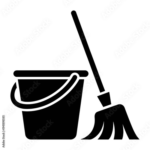 Black and white of a mop and bucket, symbolizing cleaning and hygiene