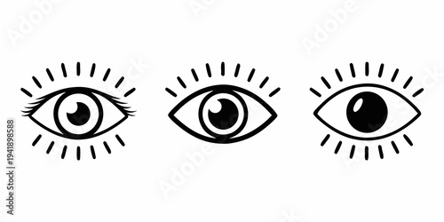 Three stylized eyes with radiating lines in a black and white design