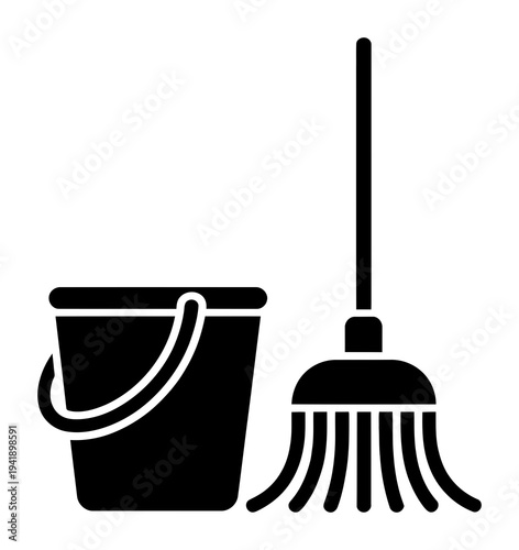 Black and white of a mop and bucket, symbolizing cleaning and household chores