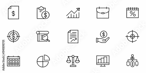 Collection of financial and business related line icons in a grid