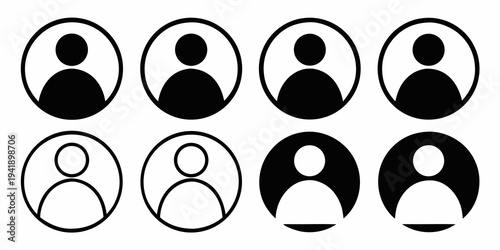 Eight abstract silhouettes of people within oval frames in black and white