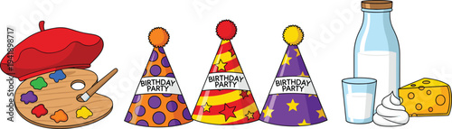 Artist paint palette with beret, birthday party hats and dairy milk products illustration set for creativity, celebration and food concept