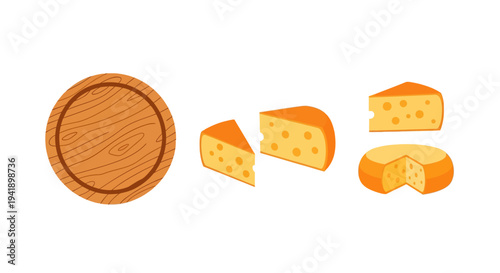 Cheese collection with wooden board: slices and wheel designs