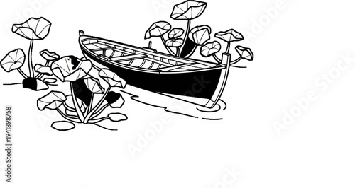 A black and white illustration of a rowboat nestled among lily pads on calm water
