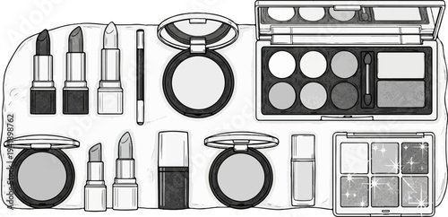 A collection of cosmetic products, including lipsticks, compacts, and eye shadow palettes