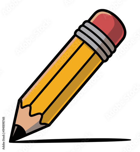 A yellow pencil with a red eraser a black line on a white background
