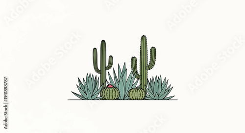A collection of desert plants, including saguaro and prickly pear cacti, and agaves