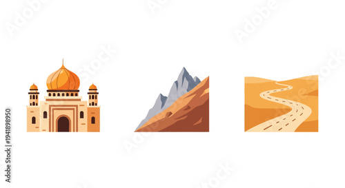 Minimal travel icons: mosque, mountain, desert road in flat style