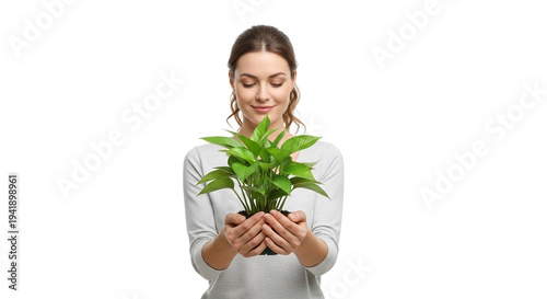 Gentle woman carefully cradling a vibrant green potted houseplant symbolizing growth nature care and ecological responsibility against a clean white background