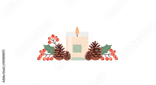 Festive candle with pine cones and berries in minimalist design for holiday decor