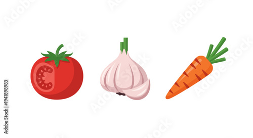 Fresh vegetable trio: tomato, garlic, carrot on white background
