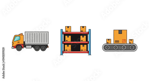 Warehouse logistics: truck, storage shelves, and conveyor belt with boxes